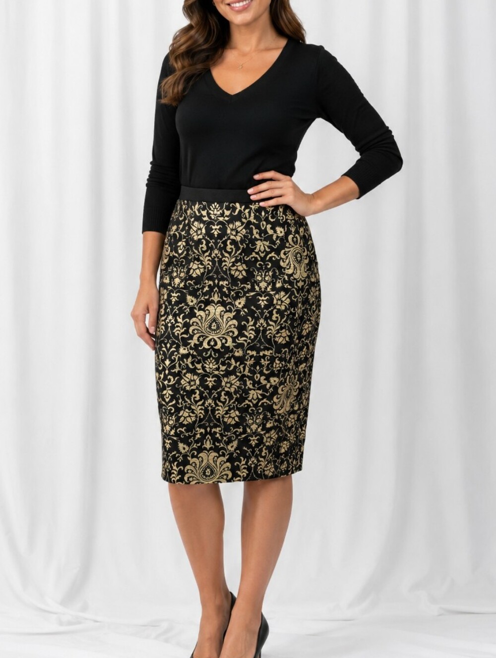 ✨ Talbots Petites Black Gold Damask Pencil Skirt Elegant Career Midi Skirt 6P✨